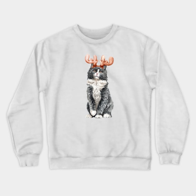 Funny Watercolor Black & White Cat with Moose Horns Crewneck Sweatshirt by labatchino